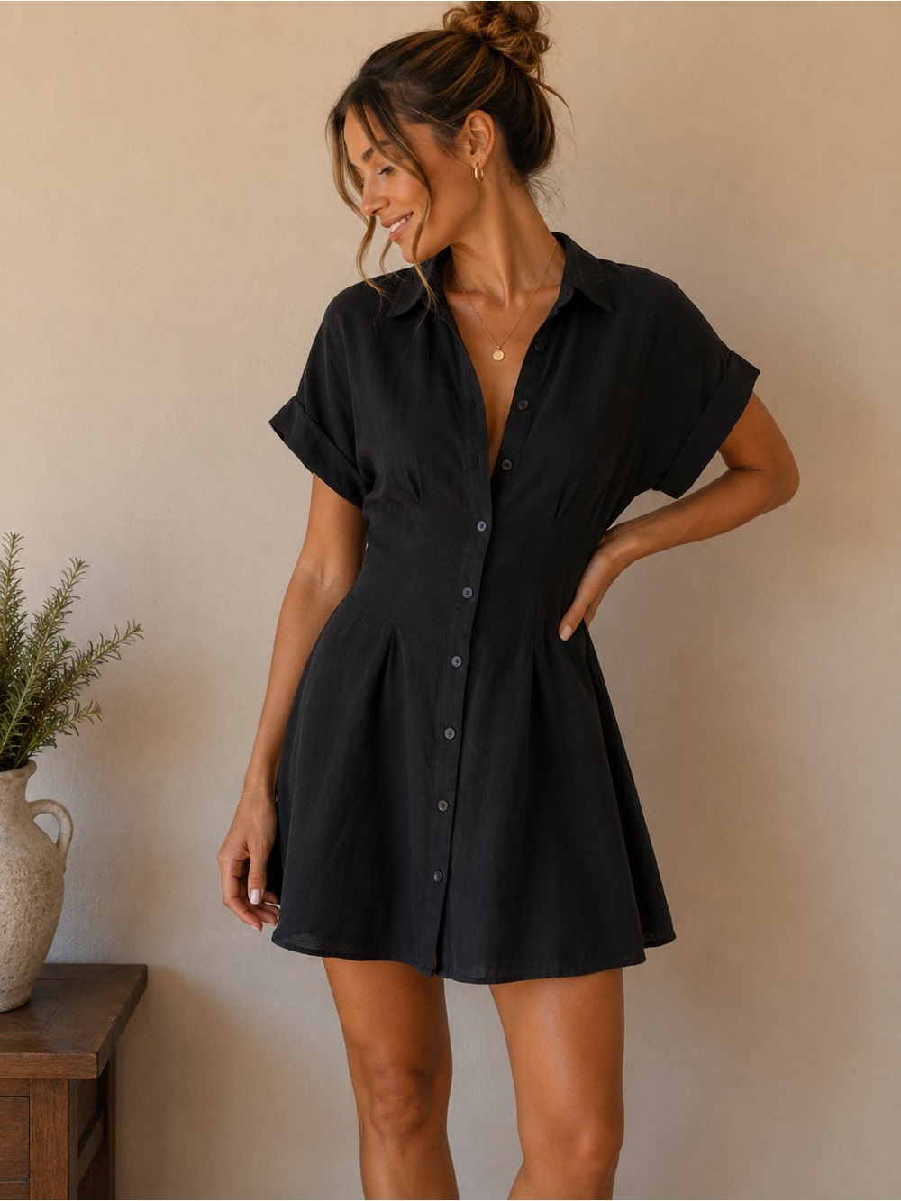 Zara Black Short-Sleeve Button-Front Dress